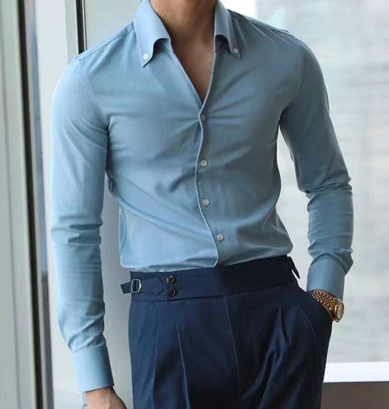 Casual Fashionable Slim-fit With A Lapel Design Men's Italian Collar Shirt - Image 3