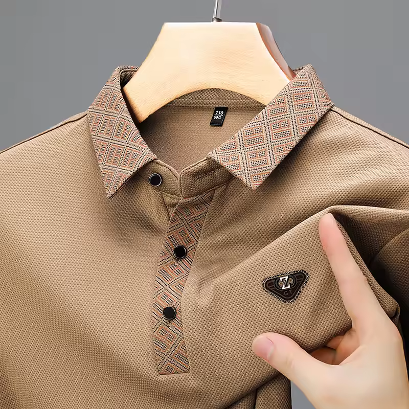 Casual Lapel Collar Embroidered Business Style Printed Long Sleeved Polo T-Shirt - Image 2