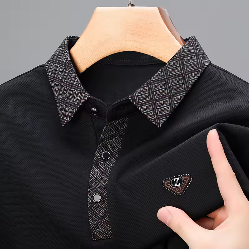 Casual Lapel Collar Embroidered Business Style Printed Long Sleeved Polo T-Shirt - Image 4