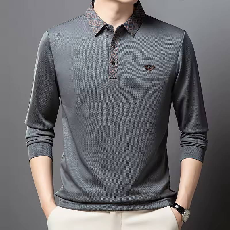 Casual Lapel Collar Embroidered Business Style Printed Long Sleeved Polo T-Shirt
