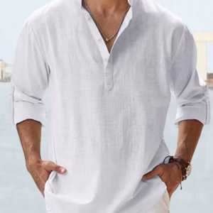 Casual Lightweight Long Sleeve Henley Beach Cotton Linen Shirts