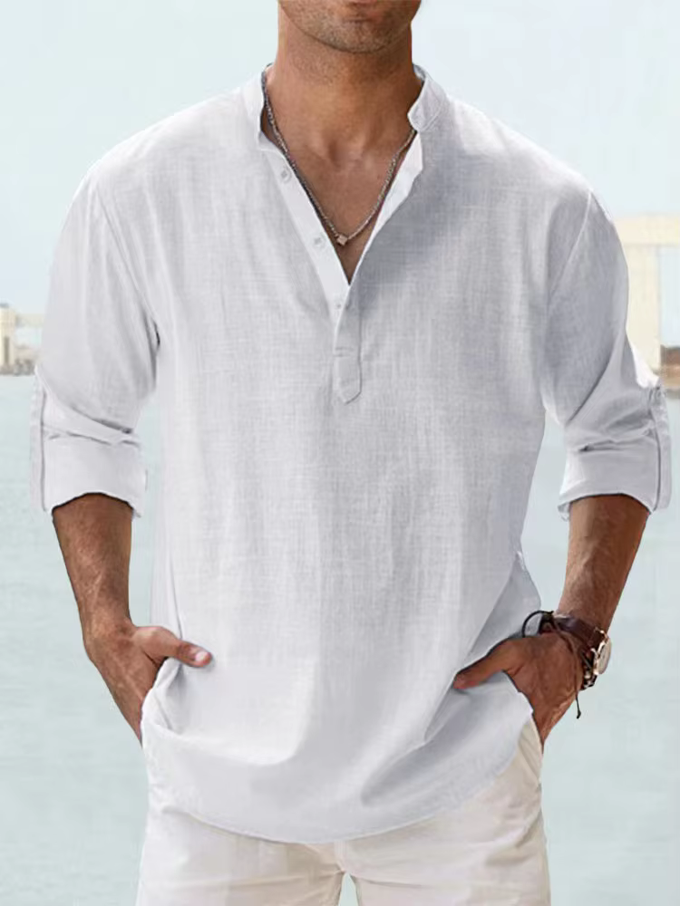 Casual Lightweight Long Sleeve Henley Beach Cotton Linen Shirts