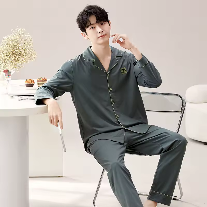 Casual Comfy Long-sleeved Checkered Thin Sleepwear Cotton 2 Piece Loose Pajamas Set