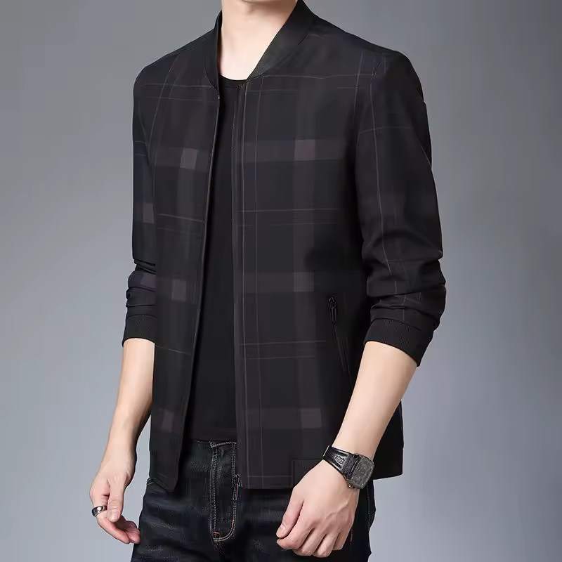 Casual Plaid Standard Rib sleeve Zipper Up High Quality Baseball Jacket