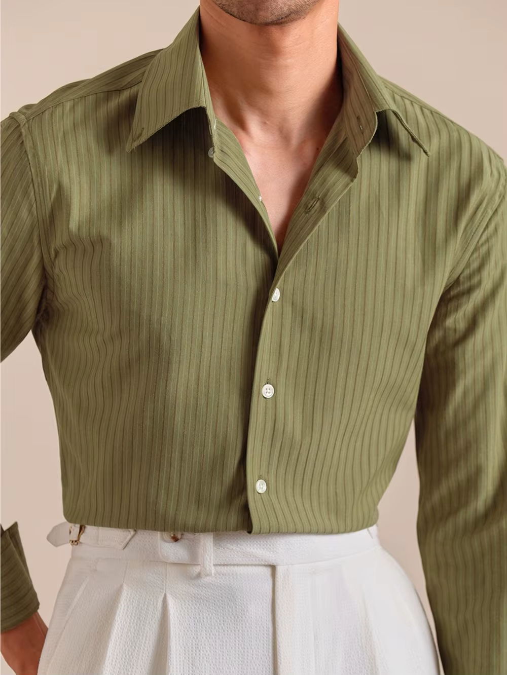 Casual Single Breasted Turn-Down Collar Cotton Stripe Long Sleeve Shirt - Image 6