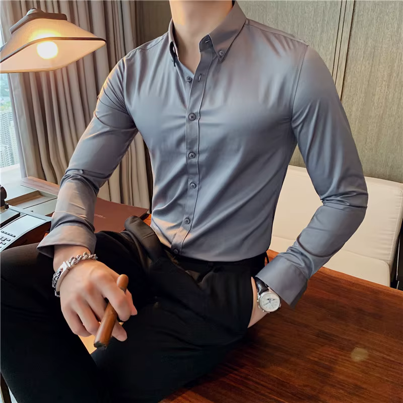 Casual Slim Fit Button-Down Office Wrinkle-Resistant Comfort Men's 4-Way Stretch Shirt - Image 17