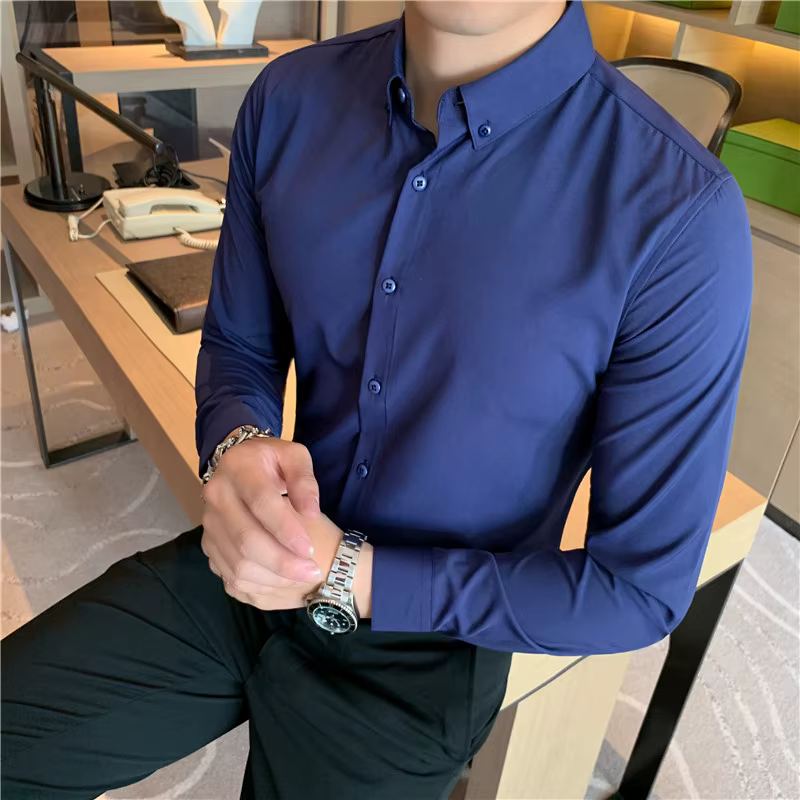 Casual Slim Fit Button-Down Office Wrinkle-Resistant Comfort Men's 4-Way Stretch Shirt - Image 19