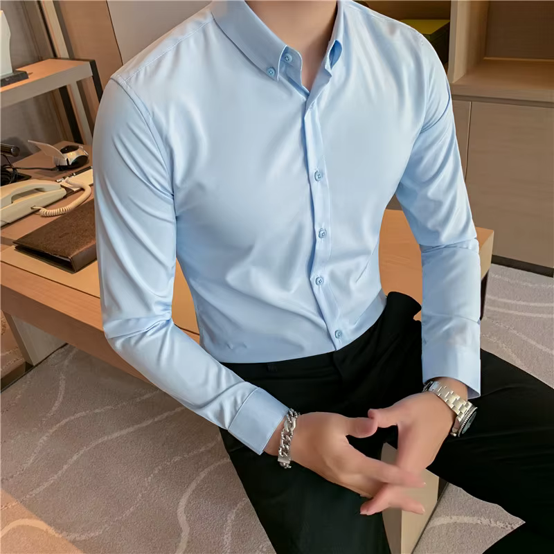 Casual Slim Fit Button-Down Office Wrinkle-Resistant Comfort Men's 4-Way Stretch Shirt - Image 6