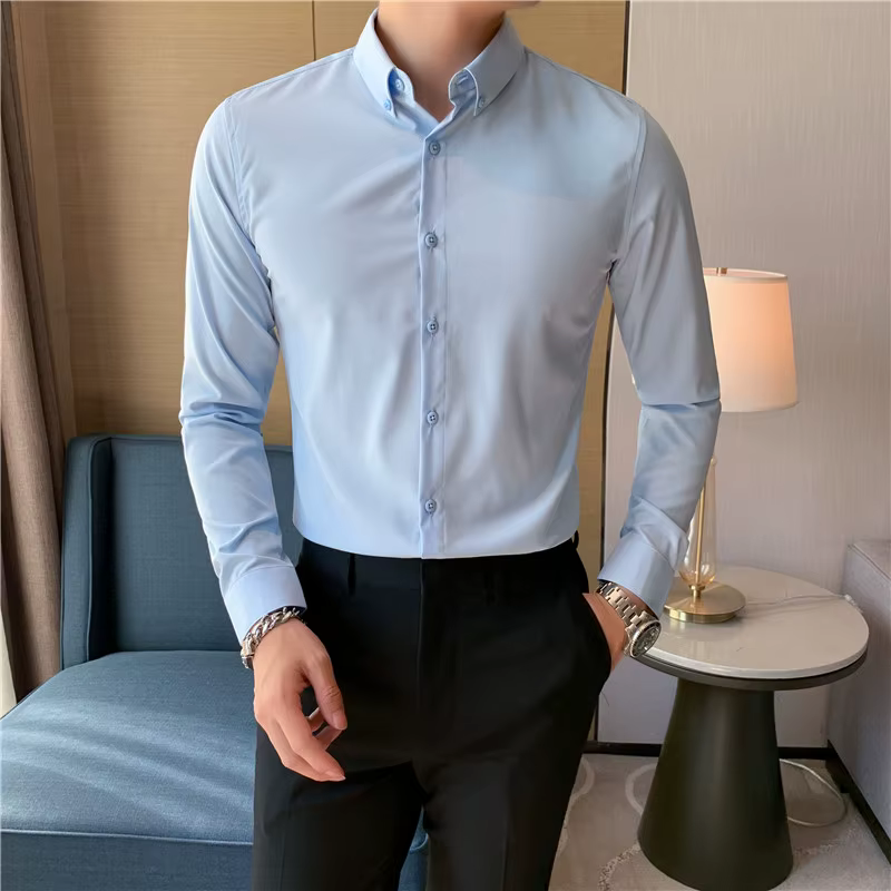 Casual Slim Fit Button-Down Office Wrinkle-Resistant Comfort Men's 4-Way Stretch Shirt - Image 7