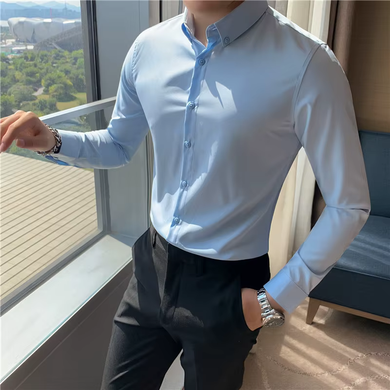 Casual Slim Fit Button-Down Office Wrinkle-Resistant Comfort Men's 4-Way Stretch Shirt - Image 8