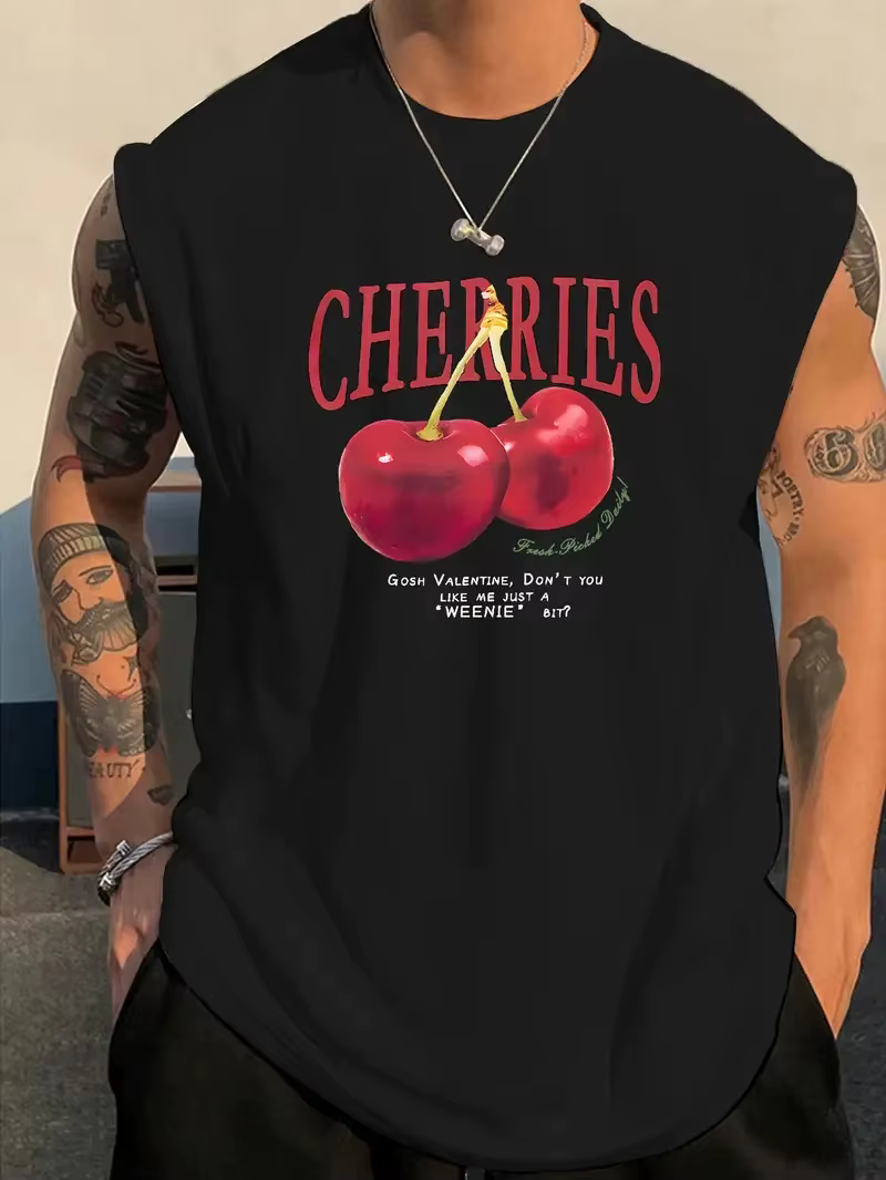 Casual Sports Loose Cherry Print Comfortable Breathable Round Neck Sleeveless Vest