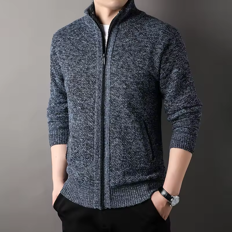 Casual Standard Wool Zipper Stand-up Collar Knit Slim Solid Color Sweater - Image 4