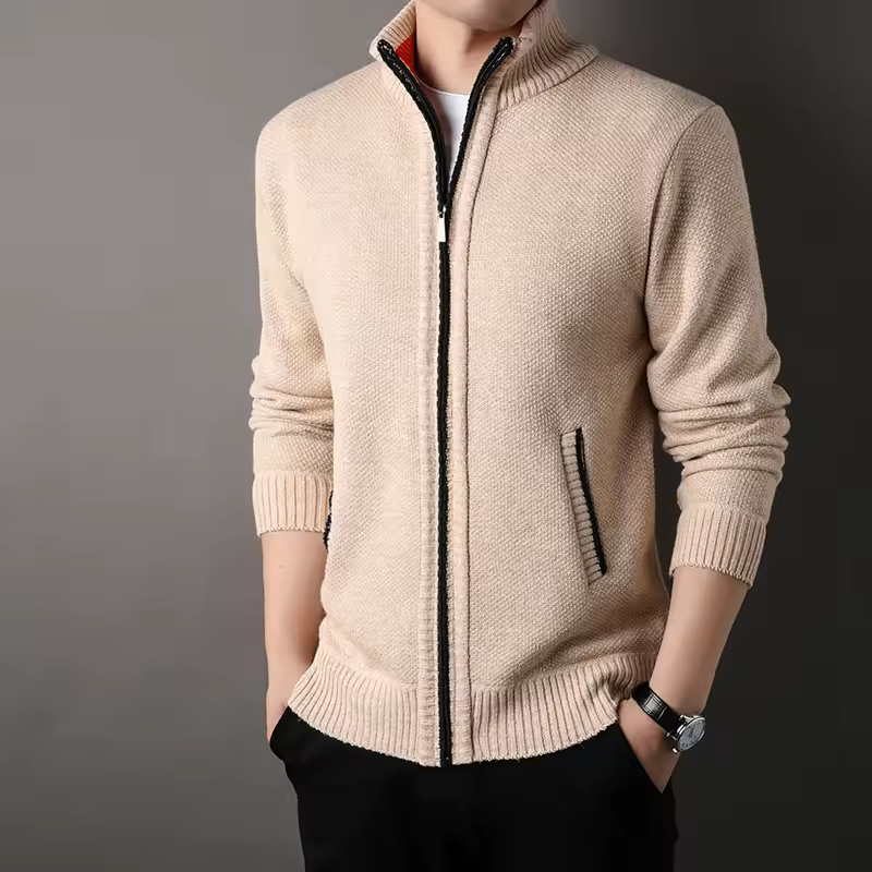Casual Standard Wool Zipper Stand-up Collar Knit Slim Solid Color Sweater - Image 5