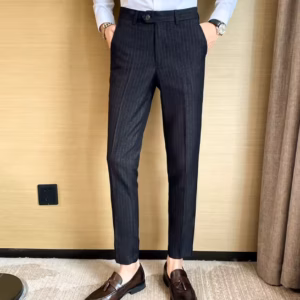 Classic Zipper Fly Plaid Viscose And Striped Business Style Slim Pants