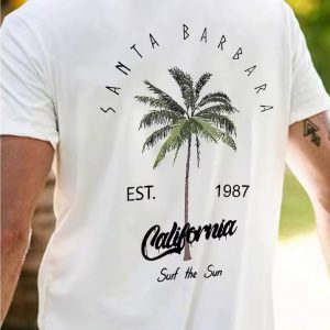 Coconut Tree Graphic Tee Short Sleeve Alphabet Design Lightweight