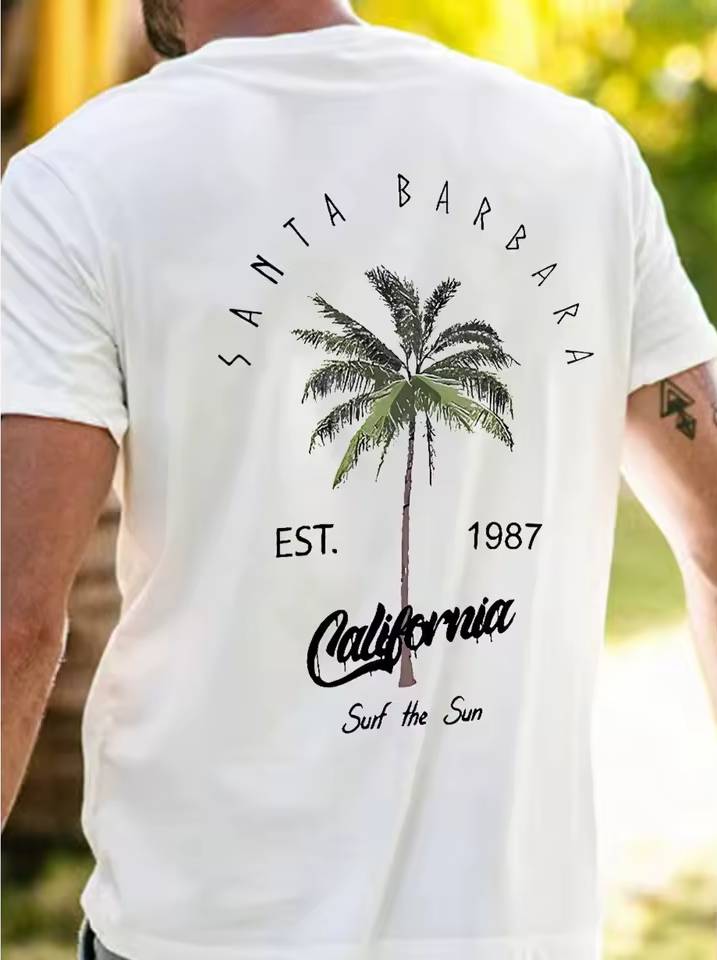 Coconut Tree Graphic Tee Short Sleeve Alphabet Design Lightweight