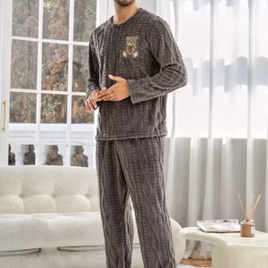 Comfortable Embroidery Long-Sleeve Top Pants Soft Fabric Elastic Waist Warm Flannel Pajama Set