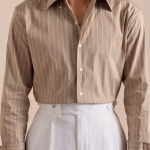 Cotton Blend Striped Casual Style One Piece Collar Long Sleeved Shirt Men Shirt