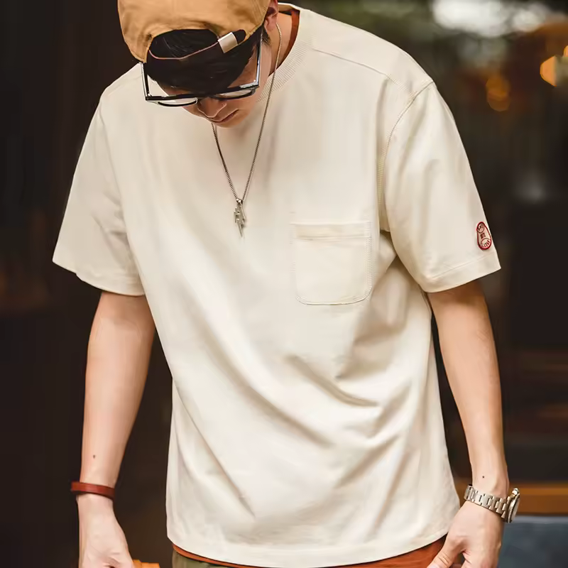Cotton Heavyweight Short Sleeve T-shirts Pocket Crew Neck Tees Loose
