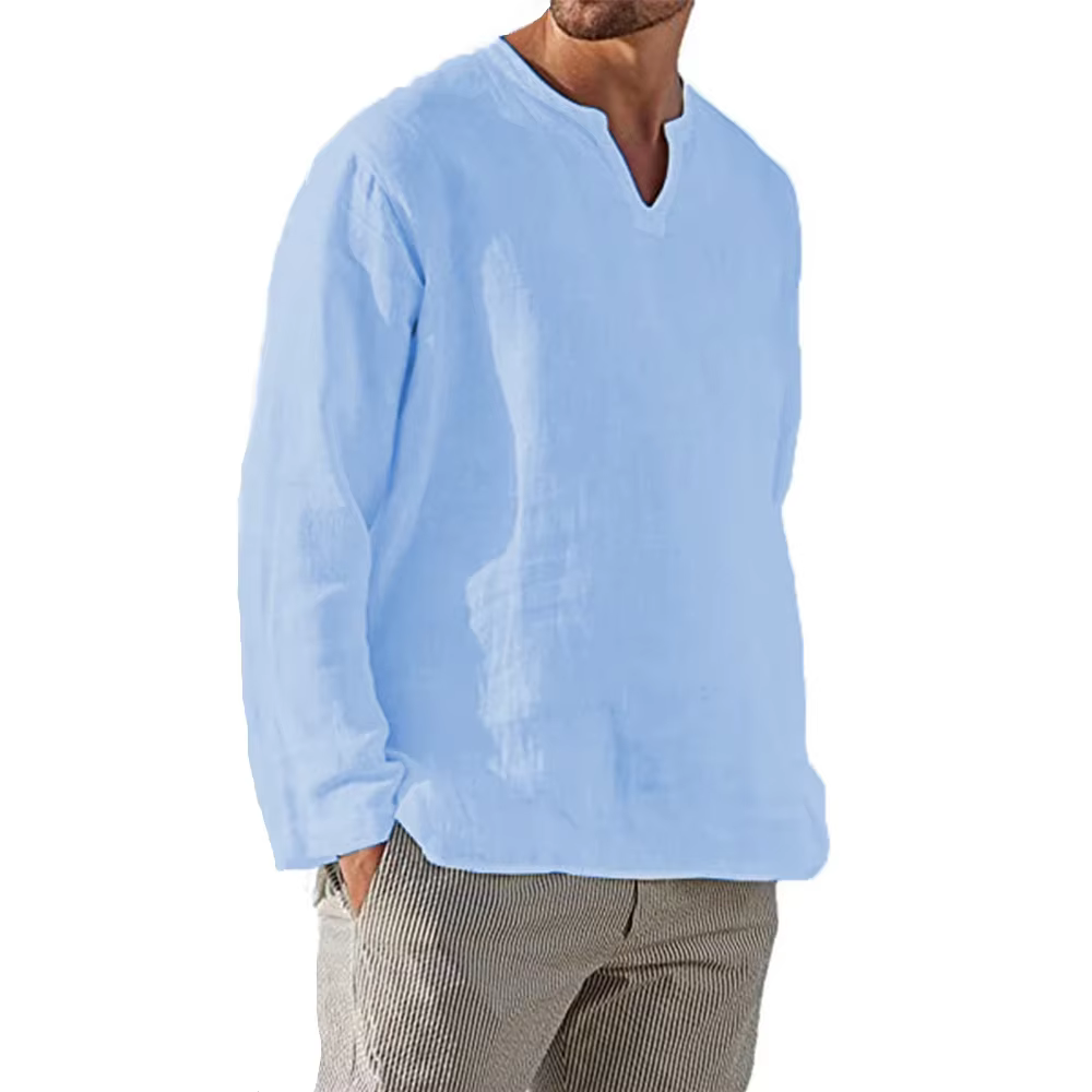 Cozy Solid Color Long Sleeve Breathable V Neck Casual Blouse Lightweight Men's Cotton Linen Shirt - Image 6