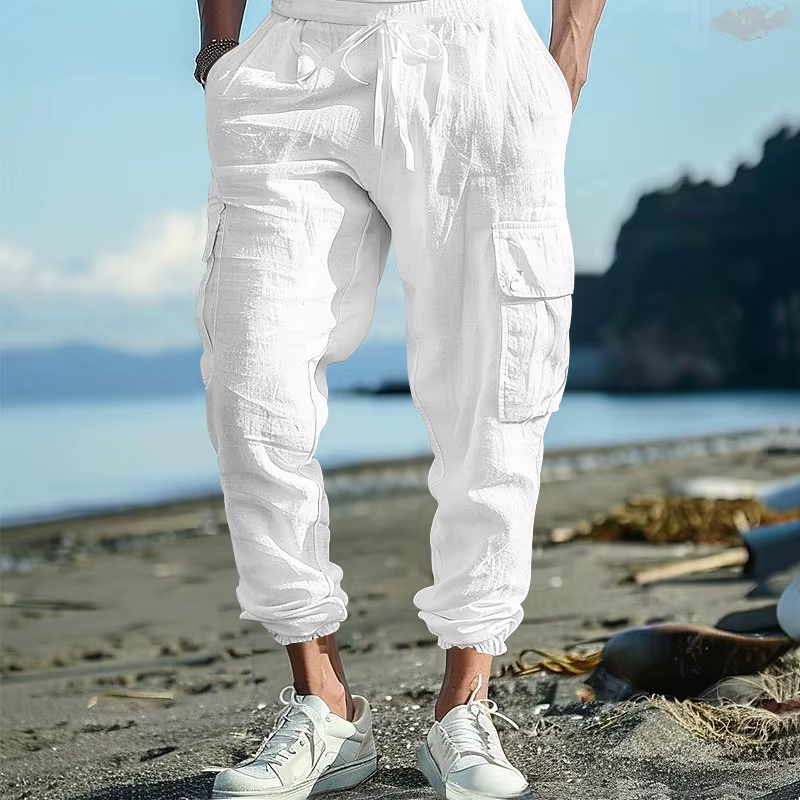 Cross Border Cotton Linen Tied Feet Multi Pocket Tether Solid Color Loose Drawstring Trousers