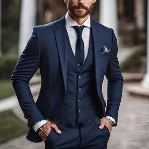 Elegant Peak Lapel Jacket Groom Tuxedo 3 Pieces Blazer Vest and Pants Set Formal Men's Suit