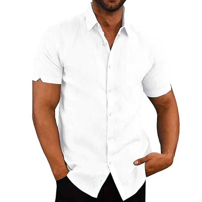 Formal Cotton Short Sleeved Solid Turn-Down Collar Linen Shirts - Image 8