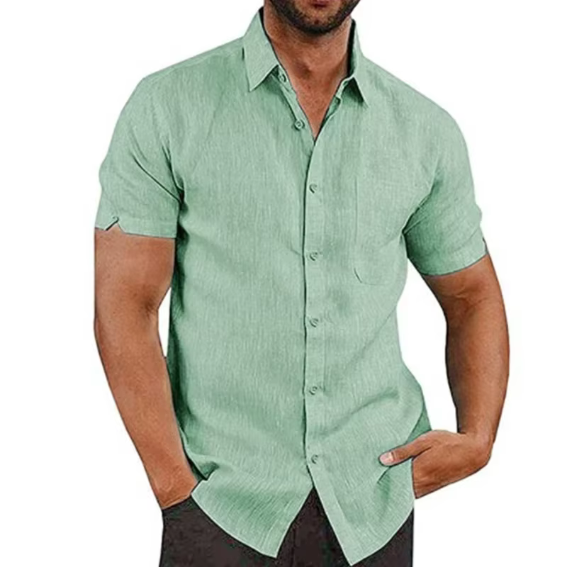 Formal Cotton Short Sleeved Solid Turn-Down Collar Linen Shirts - Image 6