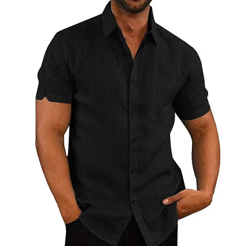Formal Cotton Short Sleeved Solid Turn-Down Collar Linen Shirts - Image 5