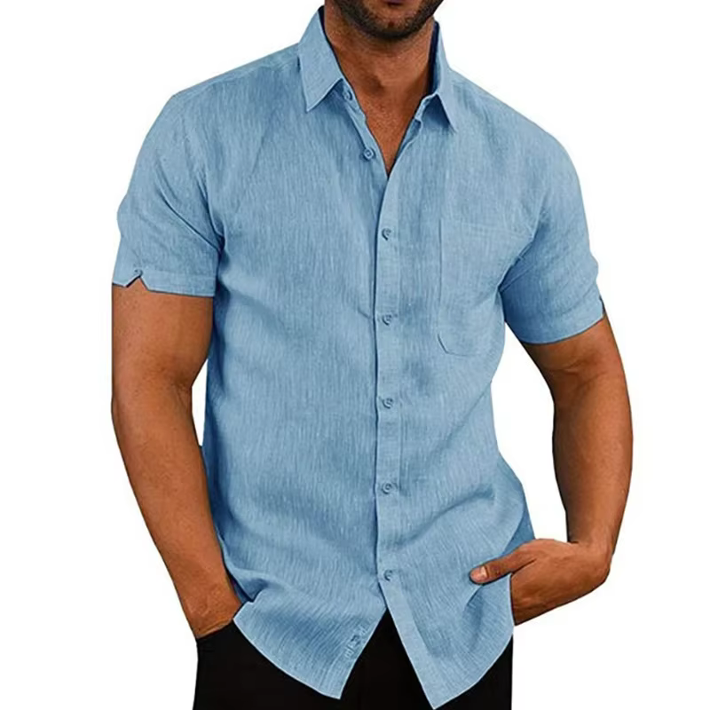 Formal Cotton Short Sleeved Solid Turn-Down Collar Linen Shirts - Image 3