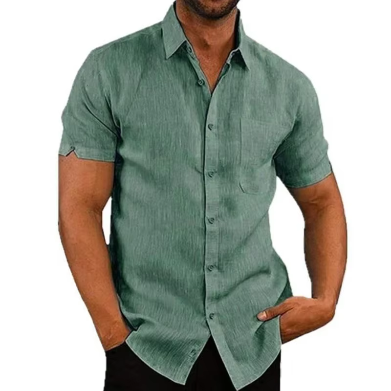 Formal Cotton Short Sleeved Solid Turn-Down Collar Linen Shirts - Image 2