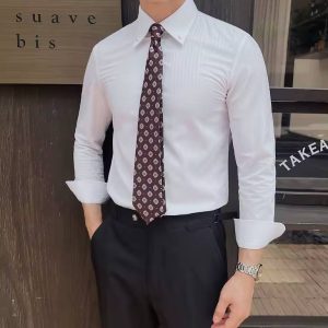 Formal Single Breasted High-quality Long-Sleeve Dark Striped Slim-Fit Shirt