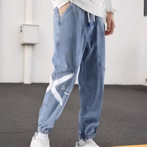 Hip Hop Streetwear Loose Fit Stretch Denim Printed Jogger Men's Baggy Jeans