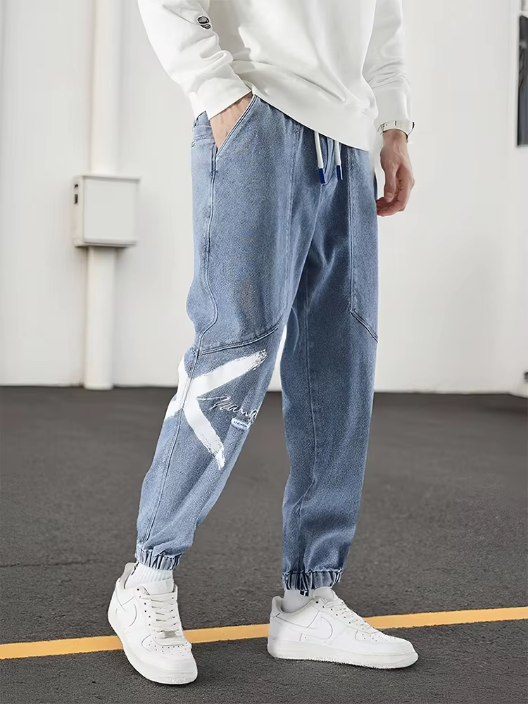 Hip Hop Streetwear Loose Fit Stretch Denim Printed Jogger Men's Baggy Jeans