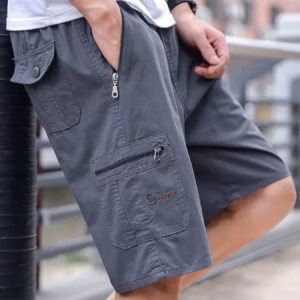 Lightweight Breathable Solid Color Drawstring Waist With Zipper Pockets Cotton Cargo Shorts