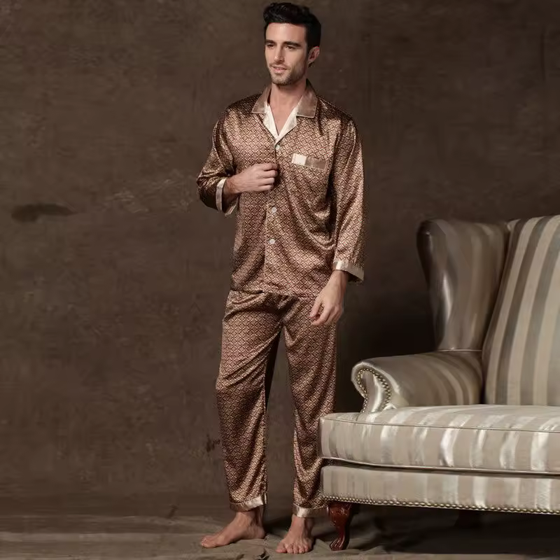 Luxurious Retro Print Long Sleeve Button-Up Tops And Pants Sleepwear Satin 2 Piece Pajama Set - Image 3