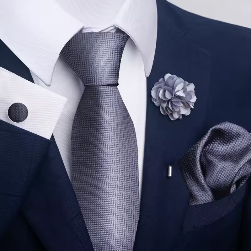 Luxury 8 cm Floral Ties Pocket Square Cufflinks Brooch Set For Man Suit