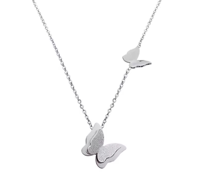 Matte Double Butterfly Charms Link Chain Jewelry Necklace - Image 3