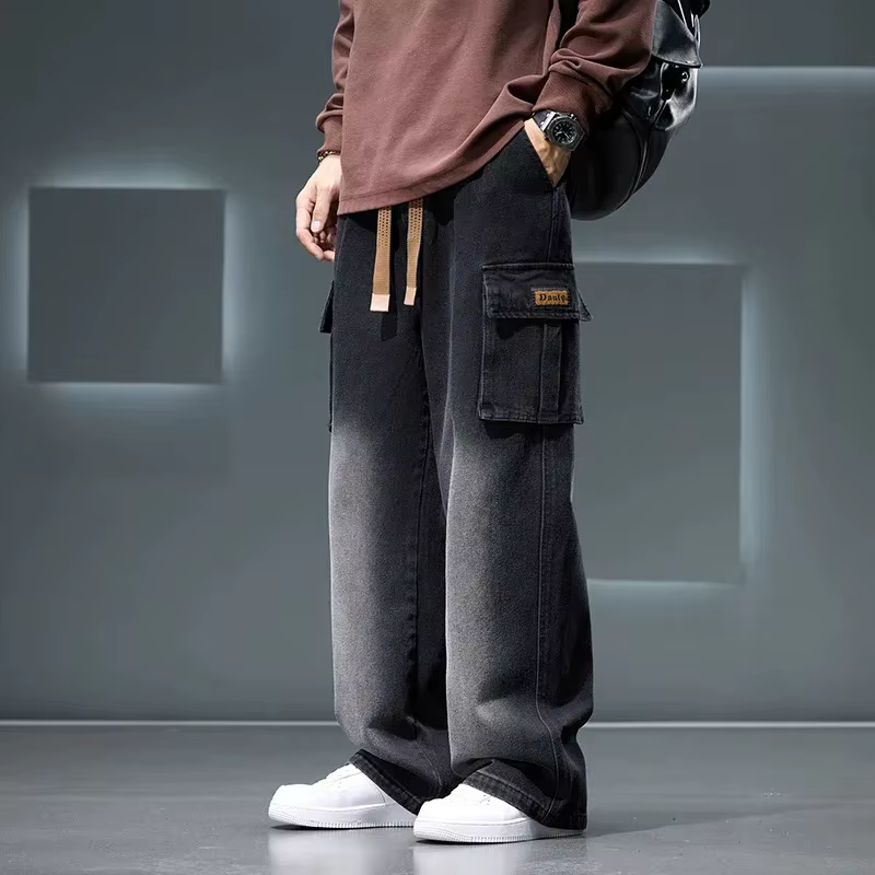 Neutral Solid Color Loose Casual Fashion Pocket Cargo Wide Leg Washing Pants - Image 9