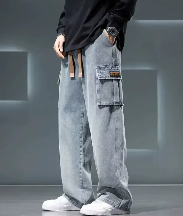 Neutral Solid Color Loose Casual Fashion Pocket Cargo Wide Leg Washing Pants - Image 2