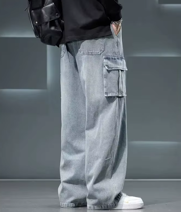 Neutral Solid Color Loose Casual Fashion Pocket Cargo Wide Leg Washing Pants - Image 3
