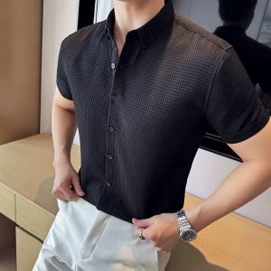 Non-Ironing Business Slim Men's Short Sleeve Thin Waffle Shirt