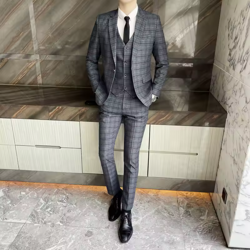 Plaid Pattern Business Casual Three-Piece Vest Men's High-Quality Cotton Texture Wedding Suit Set