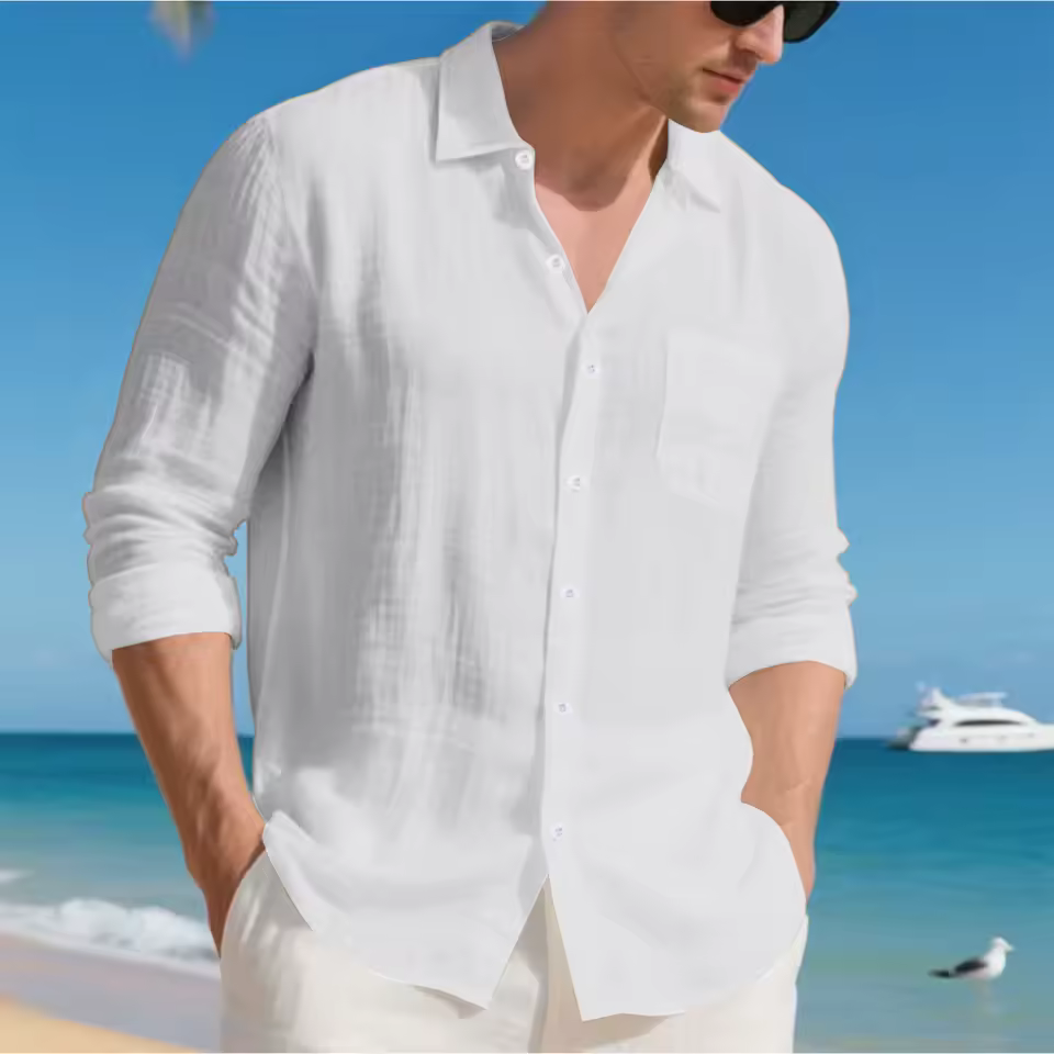 Solid Color Long-Sleeved Collared Casual Single-breasted Men's Casual Linen Shirt - Image 8