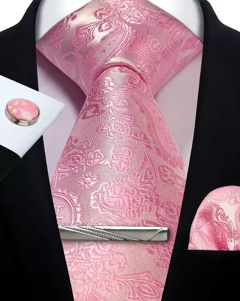 Silk Paisley Floral Necktie and Pocket Square Cufflinks Tie Clip Classic Formal Ties