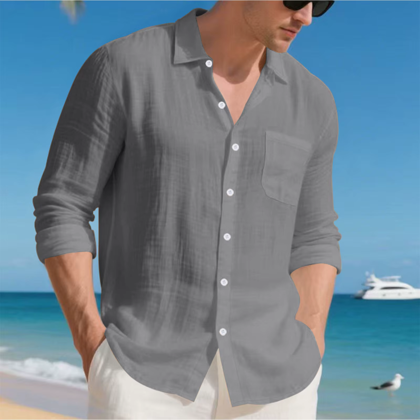 Solid Color Long-Sleeved Collared Casual Single-breasted Men's Casual Linen Shirt
