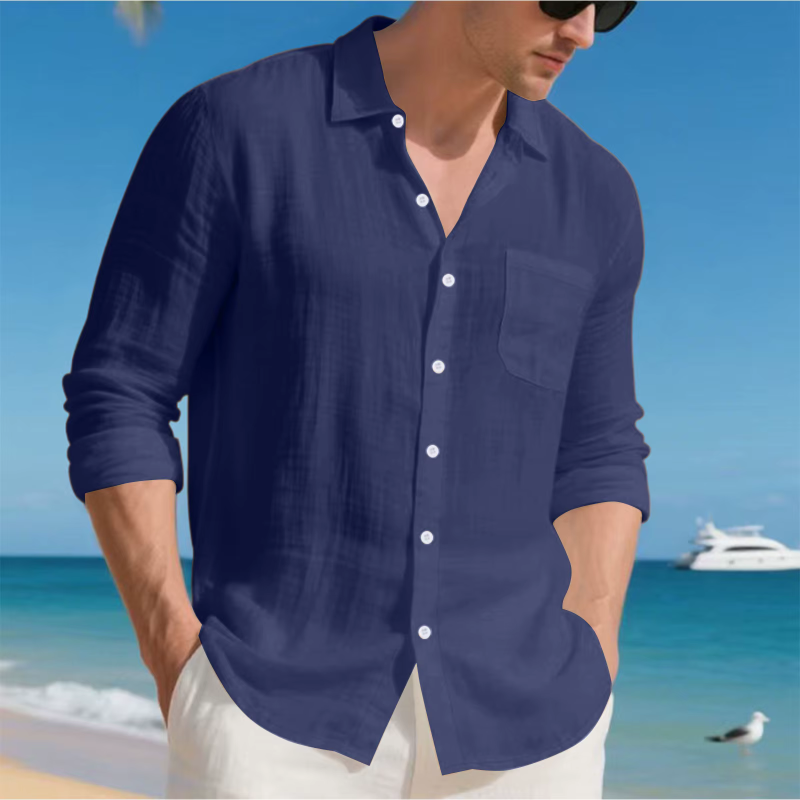 Solid Color Long-Sleeved Collared Casual Single-breasted Men's Casual Linen Shirt - Image 2