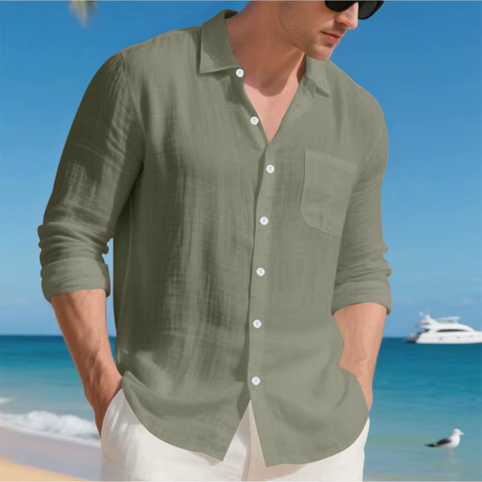 Solid Color Long-Sleeved Collared Casual Single-breasted Men's Casual Linen Shirt - Image 3