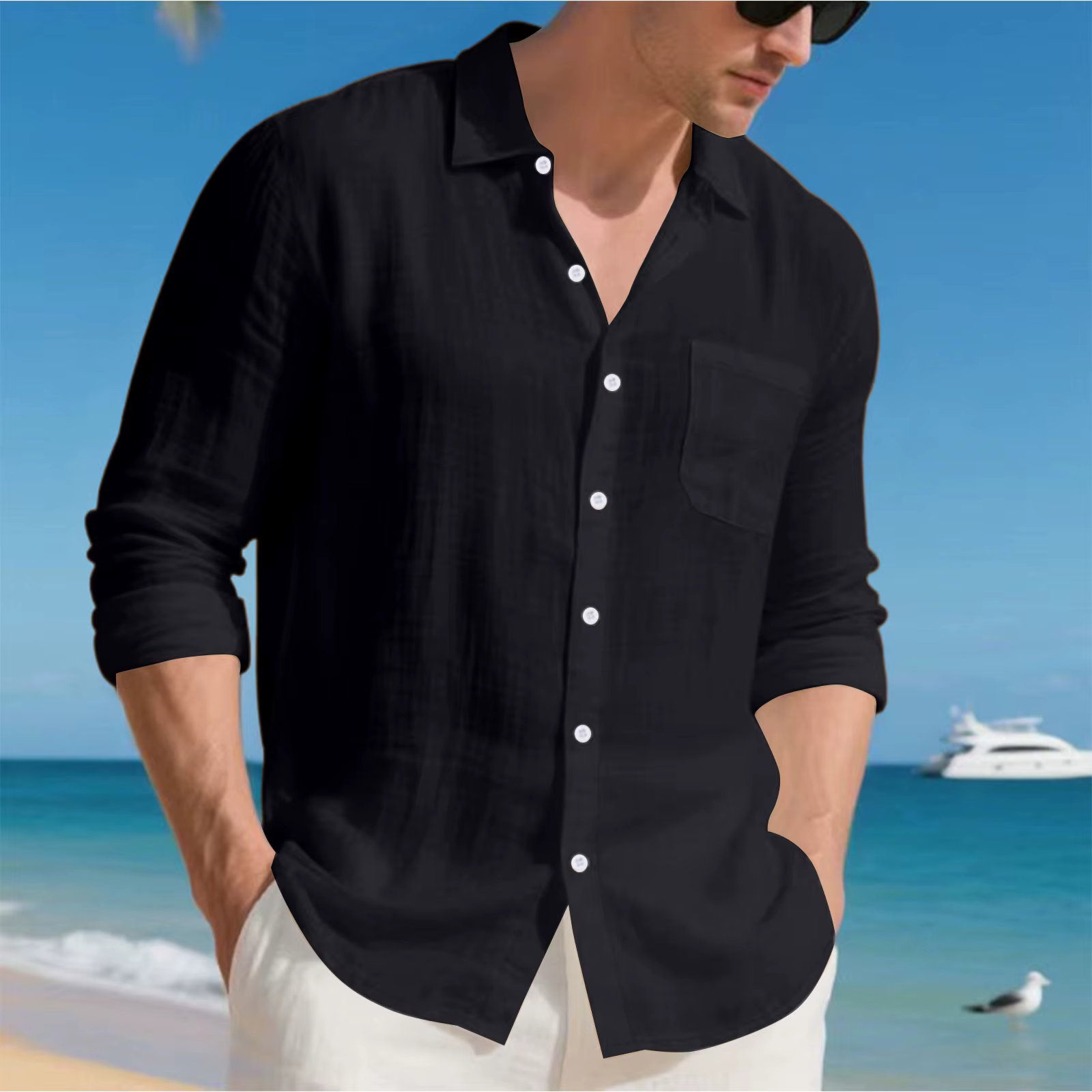 Solid Color Long-Sleeved Collared Casual Single-breasted Men's Casual Linen Shirt - Image 4