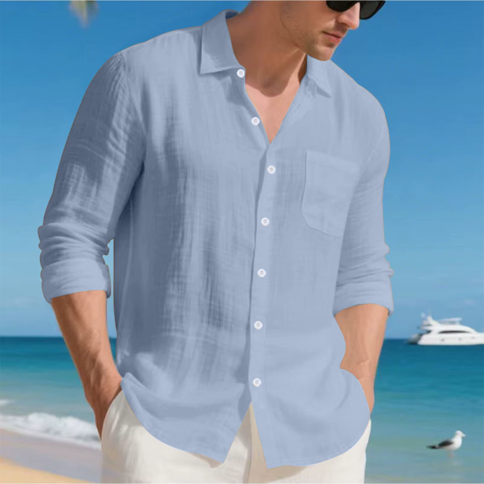 Solid Color Long-Sleeved Collared Casual Single-breasted Men's Casual Linen Shirt - Image 5